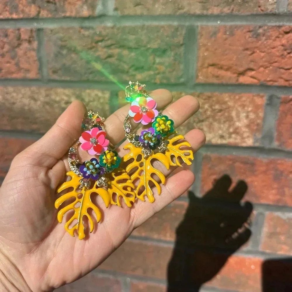 Zara Rio Tropical Monstera Yellow Leaves Drop Earrings - Picture 8 of 8